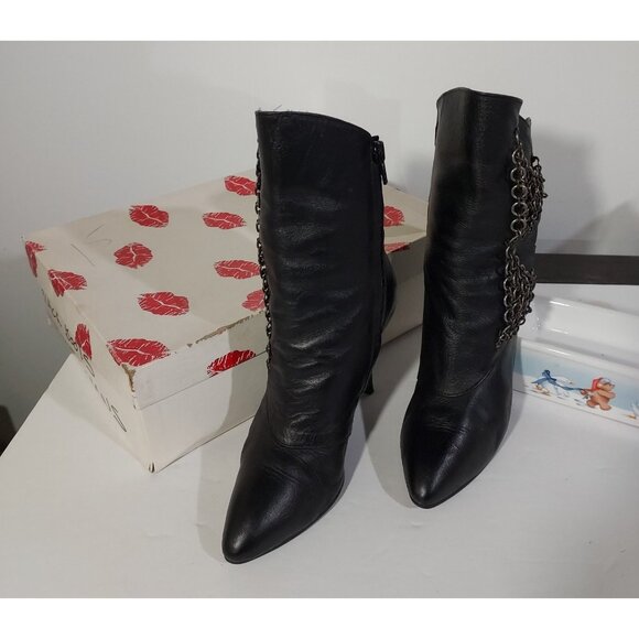 Two Lips Black Leather Boots With Chains Vintage 1980 Size 6 Roughrider - Picture 7 of 11